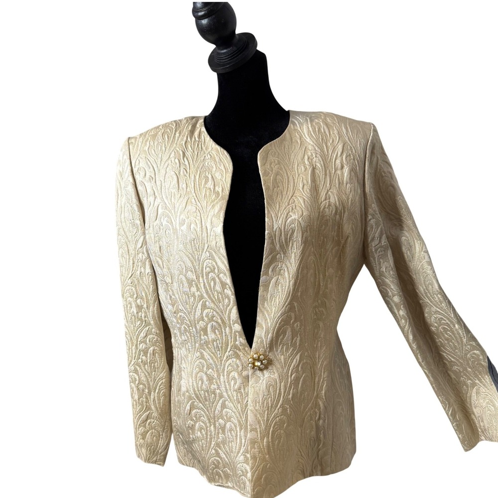 Vintage 80s 90s Jacquard Blazer Gold Metallic Brocade Evening Jacket Size 10